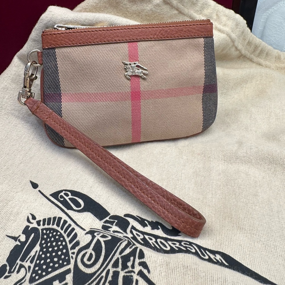 Burberry House Check Wristlet with Brown Leather
